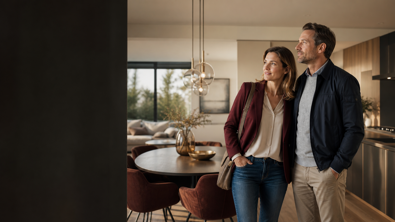 Couple européen visitant un bien immobilier moderne